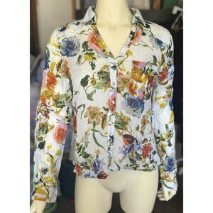 Cotton Daisy Small Floral Embroidered Button Down Sheer Multicolor Long Sleeve